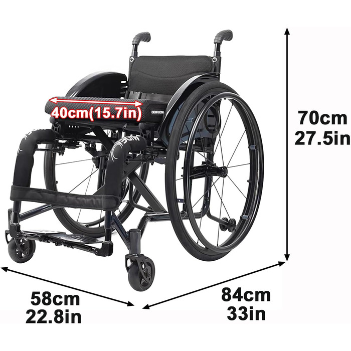 Спортивні інвалідні візки, складна транспортна інвалідна візка, легка алюмінієва портативна опора для інвалідних візків, для людей з обмеженою рухливістю, інвалідів та людей похилого віку (розмір ширина сидіння 40 см, колір чорний ширина сидіння 40 см чор