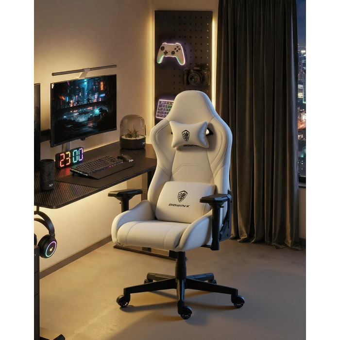 Ігрове крісло Dowinx з 4D підлокітниками та функцією гойдання 15, регульоване масажне ігрове крісло 165, ергономічне ігрове крісло, гоночний дизайн для геймерів та кіберспорту, вантажопідйомність 135 кг, білий колір
