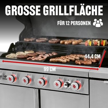 Газовий гриль LANDMANN Gasgrill 6.1 6 пальників, MaxX-Zone, велика площа гриля та чавунні решітки Потужний гриль для саду та відпочинку на природі з LED-регуляторами та бічним столом