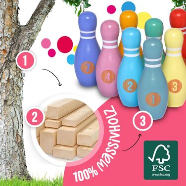 Дитячий боулінг з рожевою папайєю XL - набір з 12 предметів, іграшка для гри в боулінг на вулиці та в приміщенні, виготовлена з деревини, сертифікованої FSC, навчає та сприяє розвитку вашої дитини Classic XL
