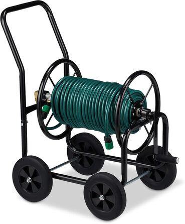 Шлангбарабан Relaxdays металевий, 4 колеса, XL, з ручкою, для 60м шланга, HBT 81 x 48 x 80 см, чорний