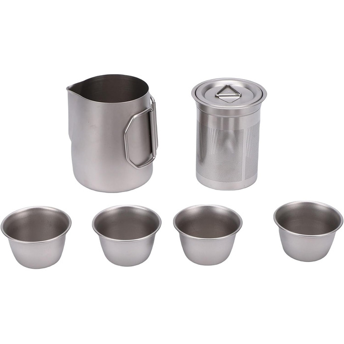 Чайний набір з нержавіючої сталі для подорожей, включає чайник з ситечком, 4 чашки та зручну сумку для зберігання. Ідеально підходить для кемпінгу та походів.