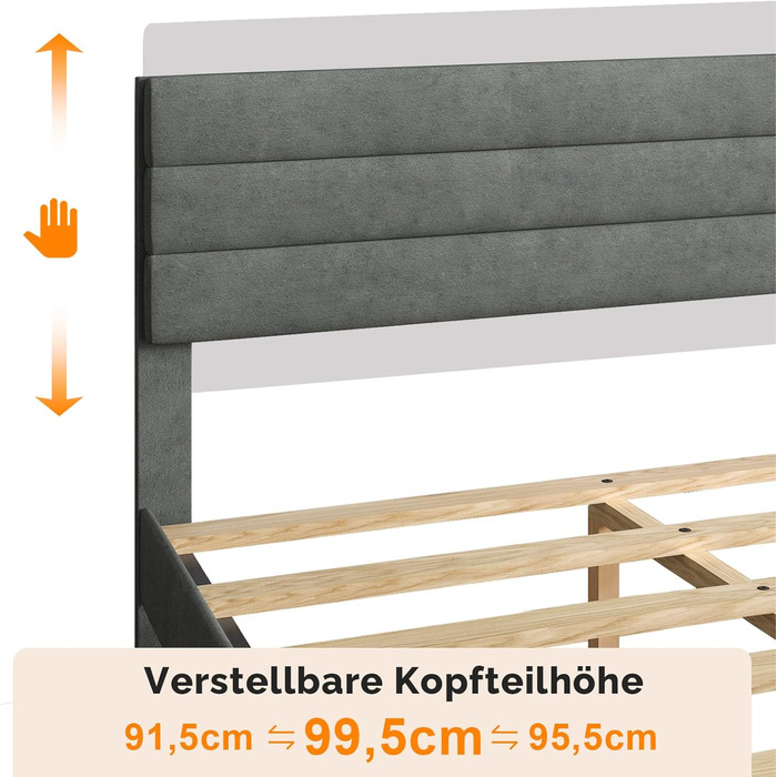 Ліжко Bonnlo з м&39якою оббивкою 140x200 см з регульованим узголів&39ям, ліжко 140x200 з дерев&39яною рейковою основою, оксамит (без матраца) 140x200 см світло-сірий