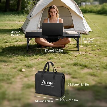 Кемпінговий стіл Anbte, розкладний стіл 87x40x26 см (ДхШхВ) з товстою алюмінієвою рамою, низький стіл для пікніка, легкий садовий стіл, стіл-валіза, стіл для барбекю, портативний для кемпінгу, вечірки, пляжу, балкону (повністю чорний), повністю чорна рама