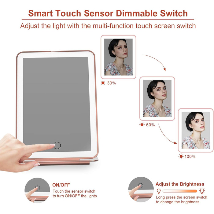 Дзеркало для макіяжу з підсвічуванням, портативне дорожнє дзеркало з підсвічуванням, що перезаряджається, 3-кольорове дорожнє дзеркало з підсвічуванням, сенсорний екран з регулюванням яскравості, складне косметичне дзеркало з підсвічуванням (рожеве золото