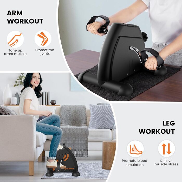 Педальний тренажер Sportneer для людей похилого віку, міні-велотренажер з РК-дисплеєм, домашнє фітнес-обладнання настільний велоергометр, ергометр для людей похилого віку, тренажер для рук та ніг для людей похилого віку з протиковзким килимком, чорний та 