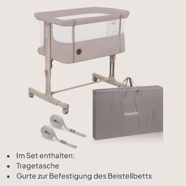 Дитяче ліжечко Lionelo Aurora 3-в-1 (до 9 кг), приліжкове ліжечко, колиска, регулювання висоти та нахилу матраца, 4 колеса з гальмами, ергономічний матрац, сумка, бежевий капучино, великий розмір