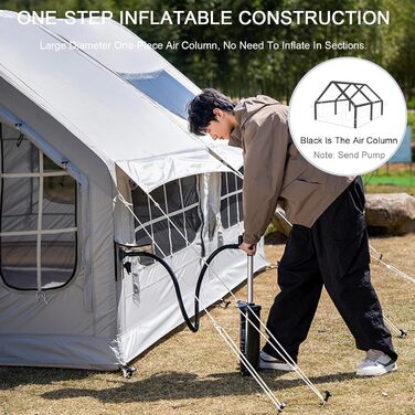 Зимовий надувний намет-будиночок XXL, сімейний намет на 6-8 осіб, надувний кемпінговий намет з насосом, 4-сезонний розкладний намет, великий XXL намет для вулиці з димоходом, сірий, 385x260x200 см