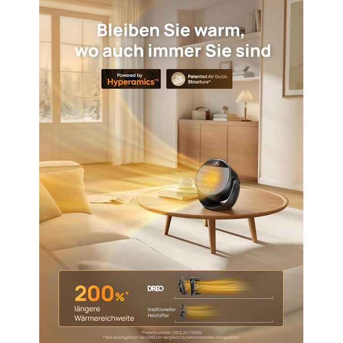 Енергозберігаючий маленький, тихий портативний вентилятор-обігрівач Dreo потужністю 1500 Вт з пультом дистанційного керування, термостатом, можливістю нахилу на 60, 8 функціями безпеки, керамічним нагрівальним елементом PTC, 12-годинним таймером, 3 режима