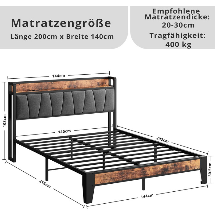 Ліжко IRONCK 140x200 з металевою рейковою основою, каркас ліжка 140x200 см з розетками, USB-портами та портами Type-C, металеве ліжко 140x200 з м&39яким узголів&39ям та місцем для зберігання речей, дитяче ліжко, двоспальне ліжко 140x200 см