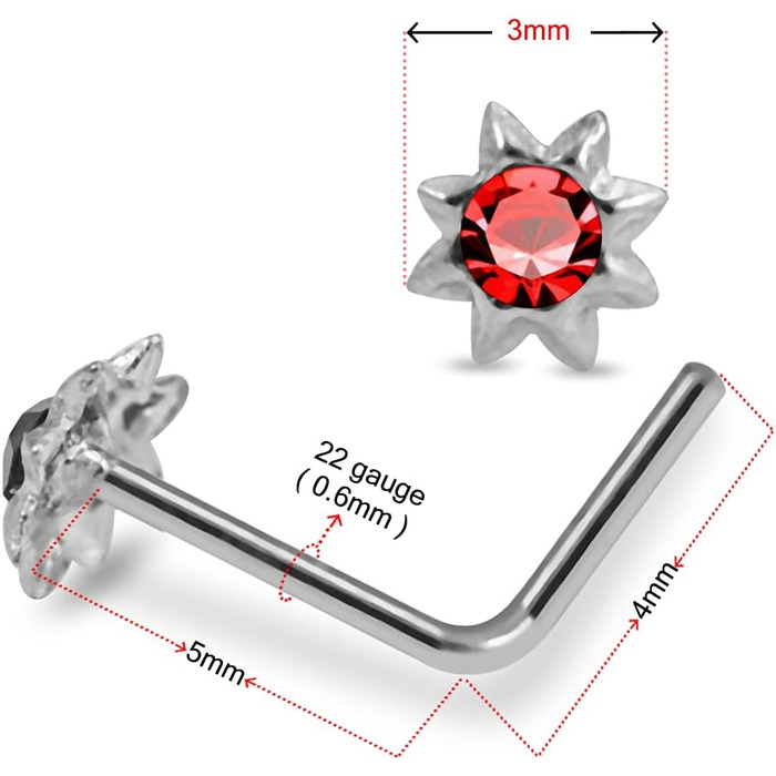 Набір для пірсингу носа, 20 предметів, набір з дорогоцінним камінням, 22 калібр, срібло 925 проби, L-подібний