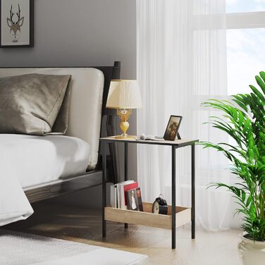 Журнальний столик WOLTU з 2 полицями, консольний столик з місцем для зберігання для вітальні, стіл для вітальні з металевого та дерев&39яного композиту, невеликий диванний столик, чорний та світлий дуб, 50x55x25 см, BTS03hei світлий дуб чорний