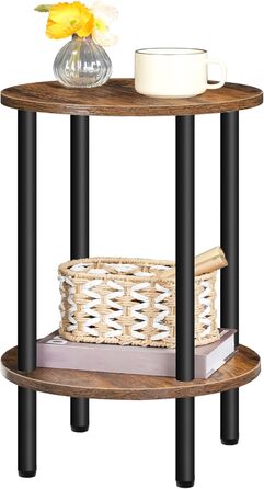 Круглий приставний столик, журнальний столик з 2 полицями, невелика тумбочка біля ліжка, журнальний столик в індустріальному стилі, для вітальні, спальні, вінтажний коричневий та чорний DTBZ01BF Вінтажний коричневий чорний 1