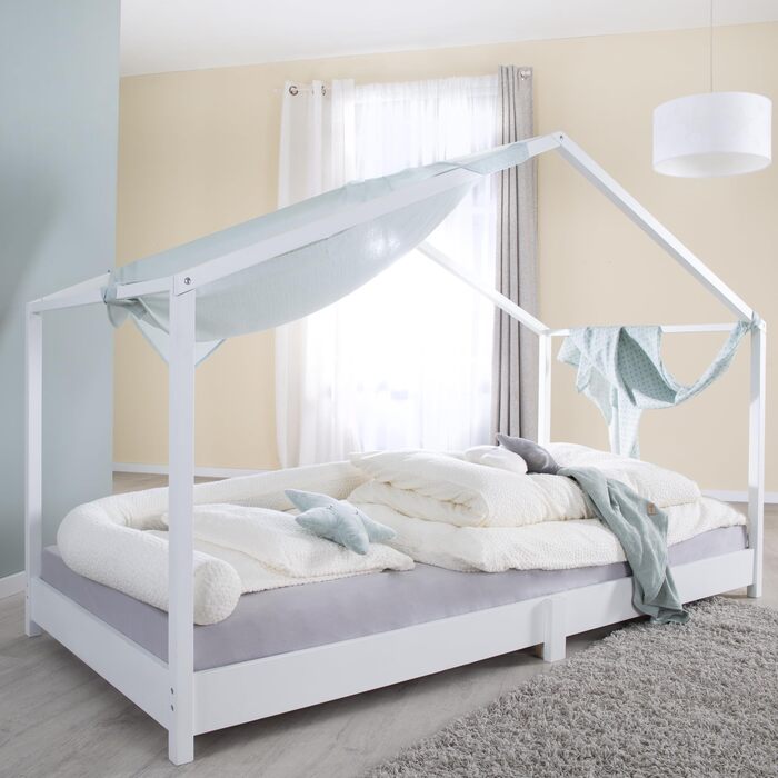 Дитяче ліжко roba House 90 x 200 см - Підлогове ліжко за принципами Монтессорі - Розсувне з рейковим каркасом, матрацом та покривалом для ліжка House - Ліжко з білого лакованого дерева 90 x 200 см продається окремо