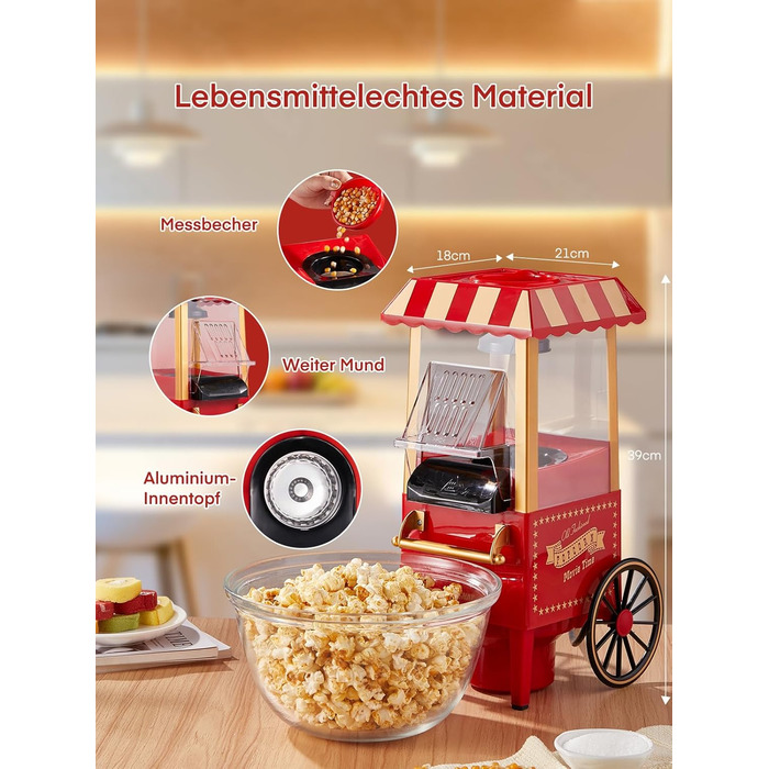 Машина для приготування попкорну HOUSNAT Гаряче повітря - Ретро маленька машина для приготування попкорну - Знежирена безолійна та здорова закуска Mas - Машина для приготування попкорну 1200 Вт для дому - Ніч кіно та Різдво - Червоний