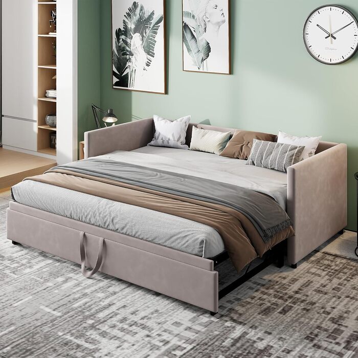 Диван-ліжко 90/180x200 см, Розсувне м&39яке ліжко з рейковим каркасом, Гостьове ліжко, Дитяче ліжко, Багатофункціональне ліжко, Оксамитова тканина, Сірий (Grey-2)