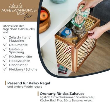 Кошик для зберігання HMF, що підходить для полиць Kallax, кошик з ротанга з віденським плетеним лозом та деревиною акації Візерунок 2 32 x 34 x 32 см