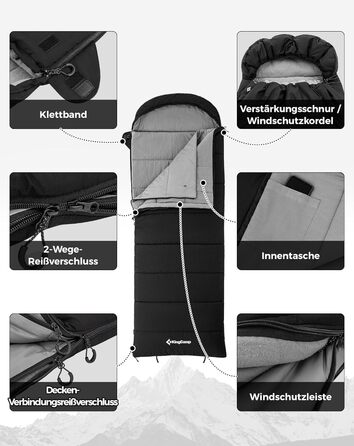 Пуховий спальний мішок KingCamp для дорослих, теплий легкий зимовий спальний мішок від 4C до -20C, 100 бавовняна тканина, 4-сезонний спальний мішок, підходить для кемпінгу та походів, 220x80 см, комфорт 1C / гранична температура -5C / екстремальна темпера