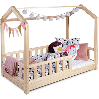 Дитяче ліжко, ліжко-будиночок 60x120 із захистом від падіння, рейкова основа, каркас ліжка з сосни для дітей, хлопчиків та дівчаток - дерев&39яне ліжко, немовля, дитяча кімната, хлопчик, декор (захист від падіння З)