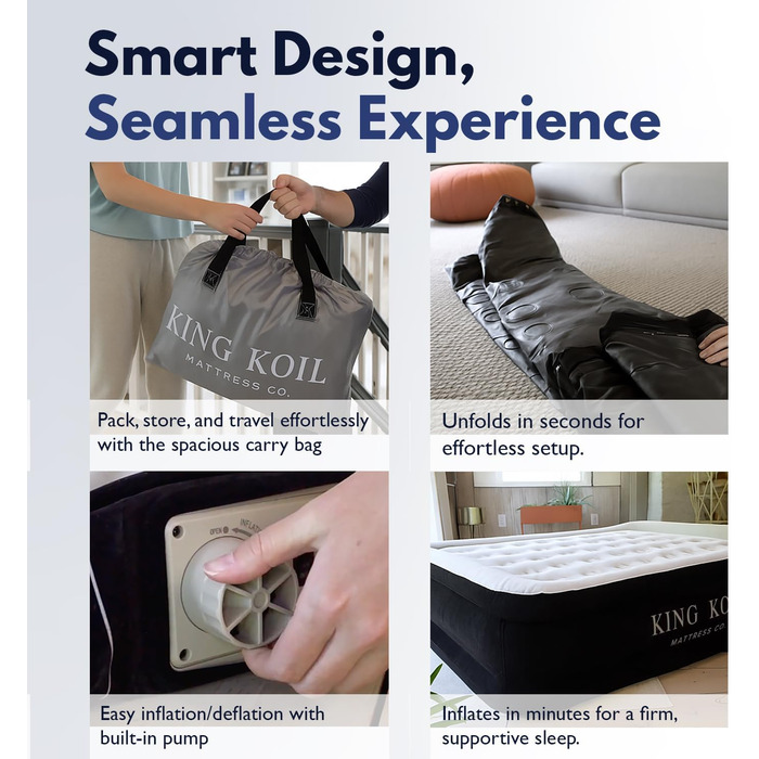 Надувний матрац King Koil Luxury California King із вбудованим запатентованим високошвидкісним насосом для дому, кемпінгу та використання гостями, надувний матрац подвійної висоти, водонепроникний, 1 рік California King Black
