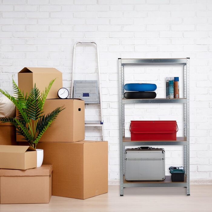 Міцний стелаж Relaxdays, ВxШxГ 138x60x30 см, 200 кг, сталь, 4 полиці, полиця для зберігання, для підвалу, гаража, підключається до мережі, сріблястий