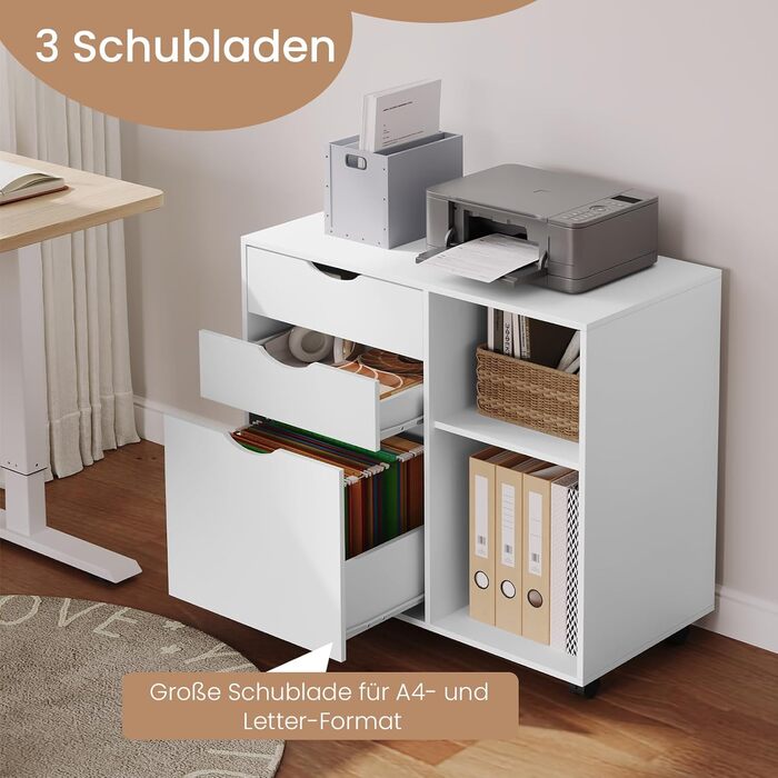 Шафа для файлів на колесах WOLTU з 3 шухлядами, мобільна шафа для документів з 5 колесами, офісна шафа з регульованою підвісною системою файлів та полицею, для домашнього офісу, 80x69,5x39,5 см, білий, ASK13ws