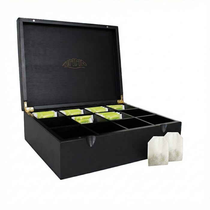 Чайні коробки NIMMA Дерев&39яна чайна коробка з магнітною застібкою Підходить для Pickwick, Lipton та інших Чорний колір Дуже великі відділення для чайних пакетиків та розсипного чаю (12 відділень)