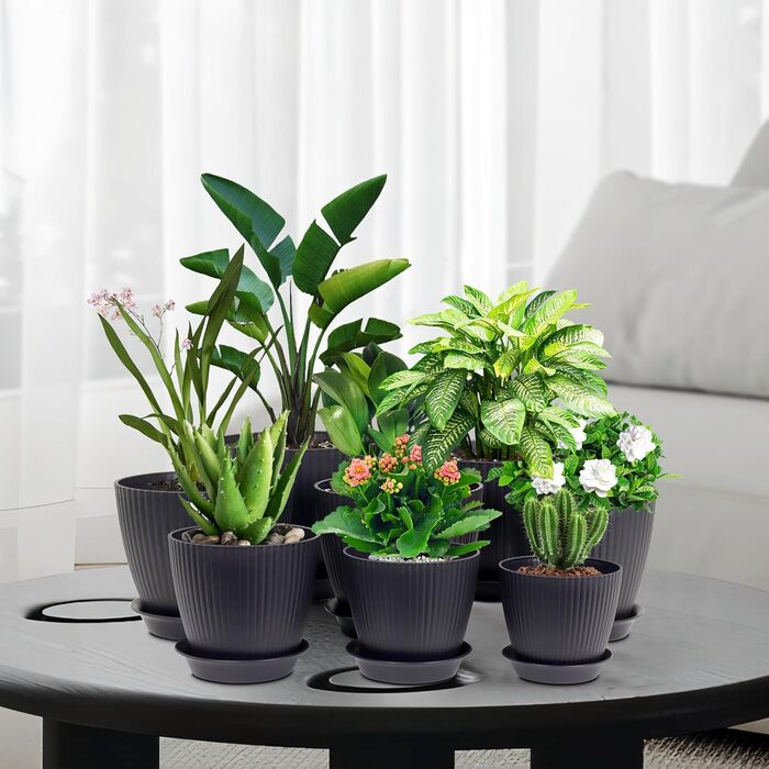 Набір з 8 квіткових горщиків з блюдцями, 19/17,5/16,5/16/14/13/11,5/10 см, пластикові кашпо, гідропонні горщики, набір квіткових горщиків, ідеально підходить для кімнатних та балконних садів, чорний 19/17,5/16,5/16/14/13/11,5/10 см, чорний