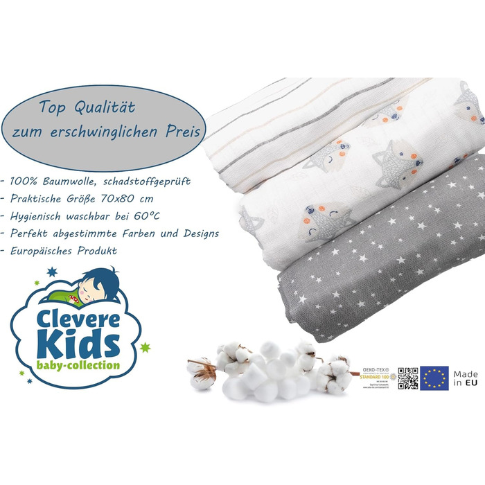 Муслінові серветки Clever Kids упаковка 5 лисичка світло-сіра та зірочки Oeko-TEX подвійне плетіння 70x80 серветки для відрижки (л