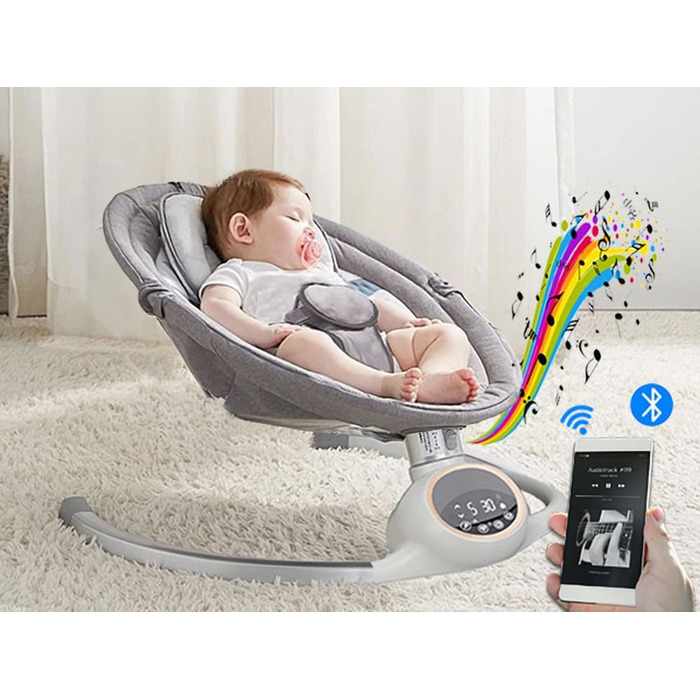 Електричні дитячі гойдалки з музикою, можна використовувати від народження до приблизно 6 місяців, 0-9 кг, сенсорний екран/пульт дистанційного керування Bluetooth (сірий), 2LUXE ALPHA Baby Bouncer