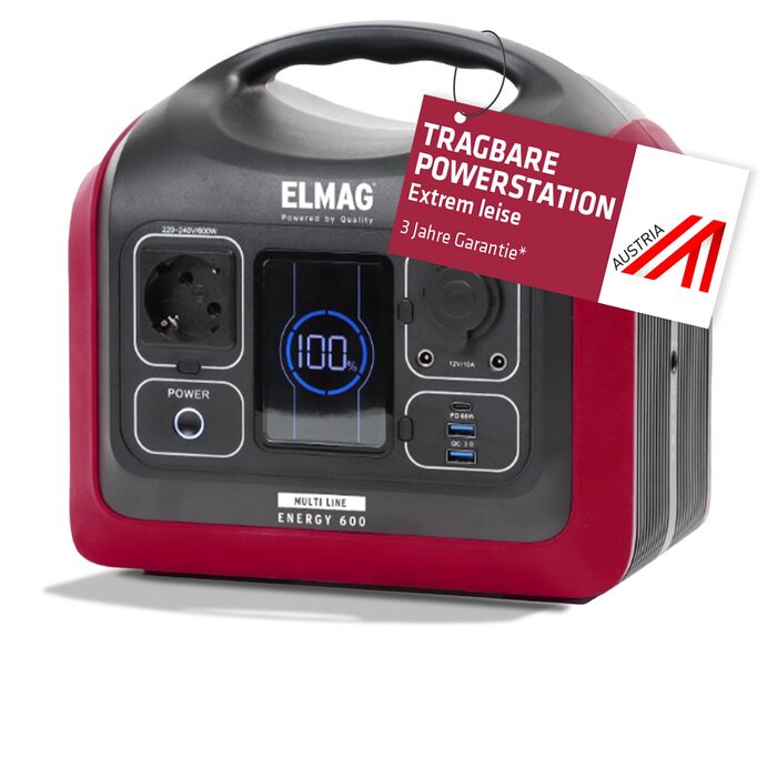 Портативна електростанція ELMAG ENERGY 600 сонячний генератор ємністю 595 Втгод з акумулятором LiFePO4 мобільний накопичувач енергії 230 В/600 Вт (пікова потужність 1000 Вт), 230 В змінного струму/12 В для автомобіля/USB ідеально підходить для подорожей, 