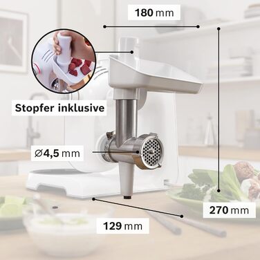 Набір аксесуарів Bosch BakingSensation MUZ5BS1 для кухонних машин серії 4 м'ясорубка, пластикова чаша, насадка для печива, перфорована решітка, 4 форми для печива, нержавіюча сталь, можна мити в посудомийній машині