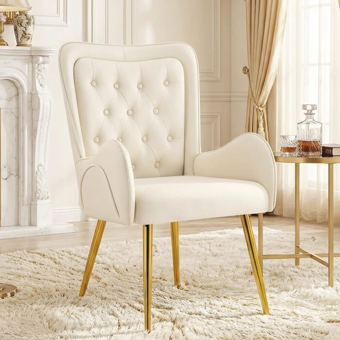 Крісло Hellove з відкидною спинкою та золотистими металевими ніжками, розкішне шкіряне крісло-реклайнер для вітальні, зручне крісло для туалетного столика, м&39яке крісло, крісло для читання, крісло для відпочинку для вітальні/спальні, бежевий колір, комп