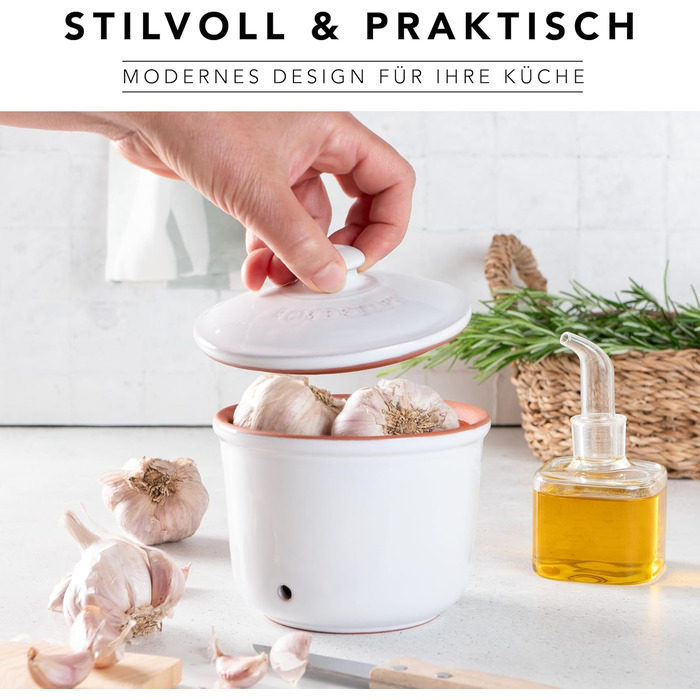 Літра - Керамічний горщик для часнику - Дихаюча глина довше зберігає овочі свіжими - Ідеальна циркуляція повітря - Білий, 0,6