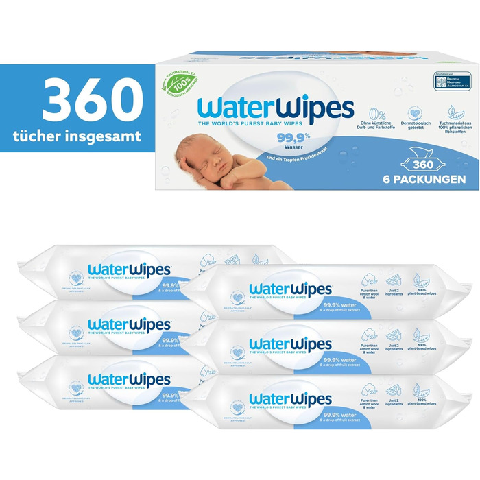 Оригінальні очищувальні серветки WaterWipes Plastic Free для немовлят, 720 шт. (12 упаковок), 99,9 очищувальні серветки на водній основі, без запаху для чутливої шкіри (360 шт. (6 упаковок))