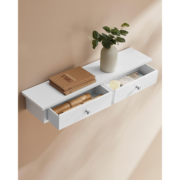 Настінна полиця SONGMICS, плаваюча полиця з 2 шухлядами, вантажопідйомність до 15 кг, 15 x 65 x 10 см, для коридору, вітальні, офісу, легке складання, компактна, сучасна, біла LWS65WT