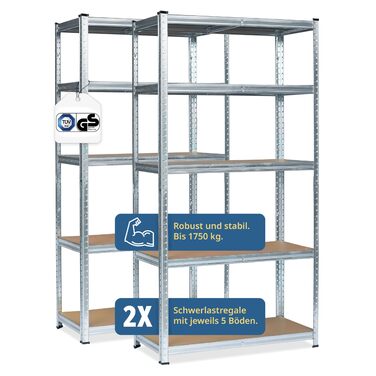 Подвійний надміцний стелаж Grafner XXL з 10 полицями з МДФ, максимальне навантаження 1750 кг, сертифікований TV/GS, закруглені кути, 180x180x40 см, безболтовий стелаж Twin Pack, стелаж для зберігання, стелаж для підвалу