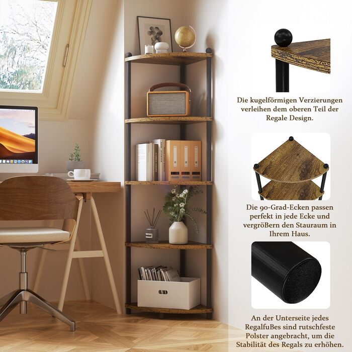 Кутова полиця Ruichang, стояча, 5 ярусів, книжкова полиця, окремостояча полиця, полиця для зберігання, стелаж для кухні, ванної кімнати, вітальні, офісу, 143,5 x 29 x 29 см, чорний