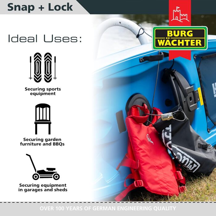 Замок сталевий тросовий з кодовим замком BURG-WCHTER, для велосипеда, мотоцикла, електросамоката, садових меблів, 720 200 SnapLock, чорний, 2м