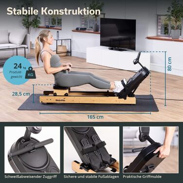 Гребний тренажер Skandika Rovek Дерев&39яний гребний тренажер, складний домашній гребний тренажер, магнітний опір з 32 рівнями, сумісний із додатком Kinomap, окремостоячий, до 195 см, світло-коричневий