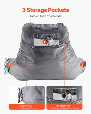 Подушка для читання VEVOR (велика) з подрібненим пінним матеріалом з ефектом пам&39яті, подушка для спини (381 x 508 x 254 мм) з 3 кишенями та коротким оксамитовим чохлом, який можна прати, верх з ручкою, для перегляду телевізора, читання, ігор