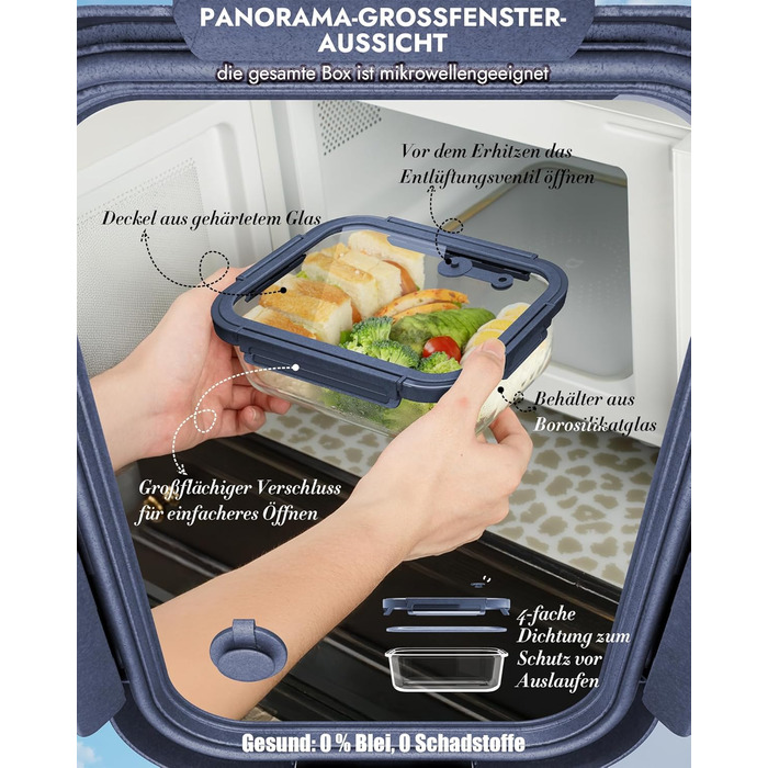 Скляні контейнери з кришками, набір з 12 шт. , високий вміст боросилікату, придатні для використання в мікрохвильовій печі, придатні для використання в духовці - 20510, з клапаном, можна мити в посудомийній машині ідеально підходить для контейнерів для зб