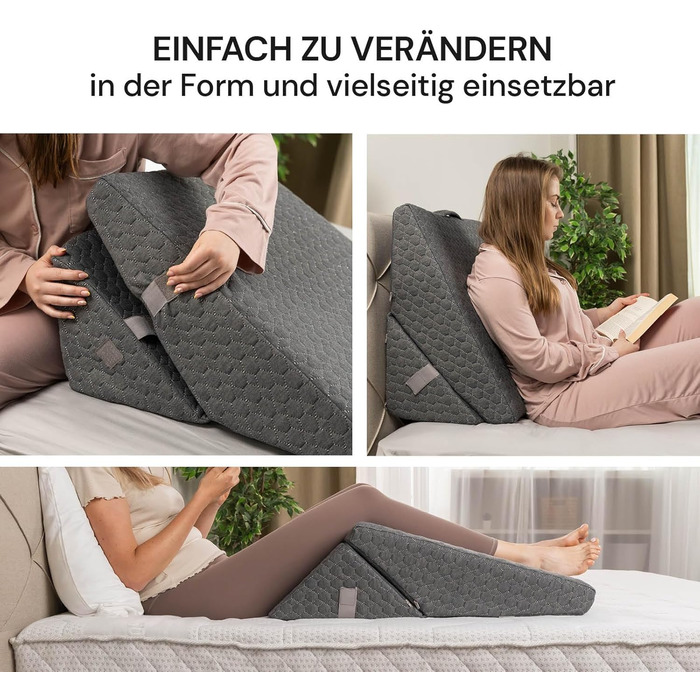 Подушка для читання Vitapur 3-в-1 - Ергономічна спинка з регульованими підлокітниками та знімною подушкою для шиї - Для ліжка, дивана та крісла - Дихаюча чохол - Сірий 54,5 x 33 x 55 см