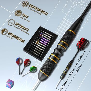 Дартс Turnart з металевим наконечником, 12 професійних сталевих дротиків з футляром, нова версія, фіолетовий колір