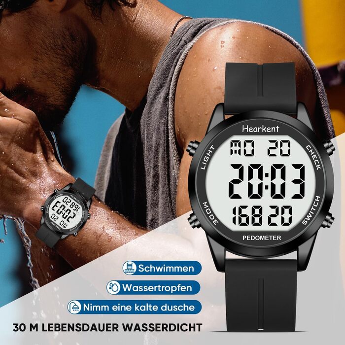 Чоловічий годинник-крокомір (без застосунку чи телефону), цифровий годинник з великими цифрами, водонепроникний 30 м, фітнес-трекер з крокоміром та лічильником калорій, повністю чорний