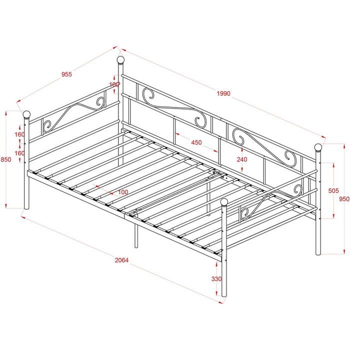 Каркас ліжка-кушетки 90x200 см, металевий, водонепроникний, підходить для сімей, гостей, молоді, самотніх людей та віталень, чорний, 90 x 200 см