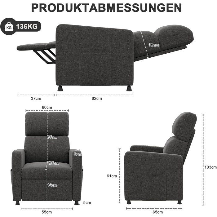 Крісло-реклайнер Devoko, крісло для телевізора з функцією відкидання, одномісне крісло-реклайнер, електричне крісло-реклайнер для вітальні, спальні, сірого кольору