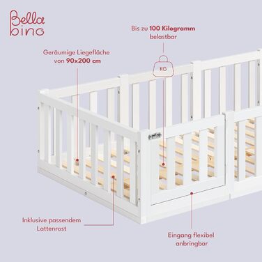 Ліжко Bellabino Tapi 90x200 см, дитяче ліжко з поручнями та дверцятами, включаючи рейкову основу, підлогове ліжко Монтессорі для хлопчиків та дівчаток з масиву сосни, біле лаковане, Ліжко 90 x 200 см Біле - з дверцятами