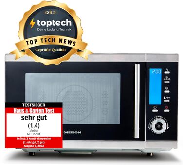Мікрохвильова піч MEDION MD 15501 4 в 1 з грилем (25 літрів, 900 Вт, 1100 Вт гриль, 2500 Вт гаряче повітря, 10 автоматичних програм) срібло