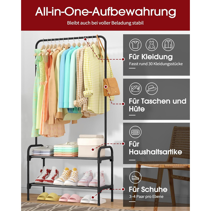 Вішалка для одягу - штанга для одягу з нековзними ніжками, шафа-стійка з 2-рівневим органайзером для взуття, вішалка для одягу для спальні, передпокою, 74 x 30 x 150 см, чорна 74 x 30 x 150 см чорна